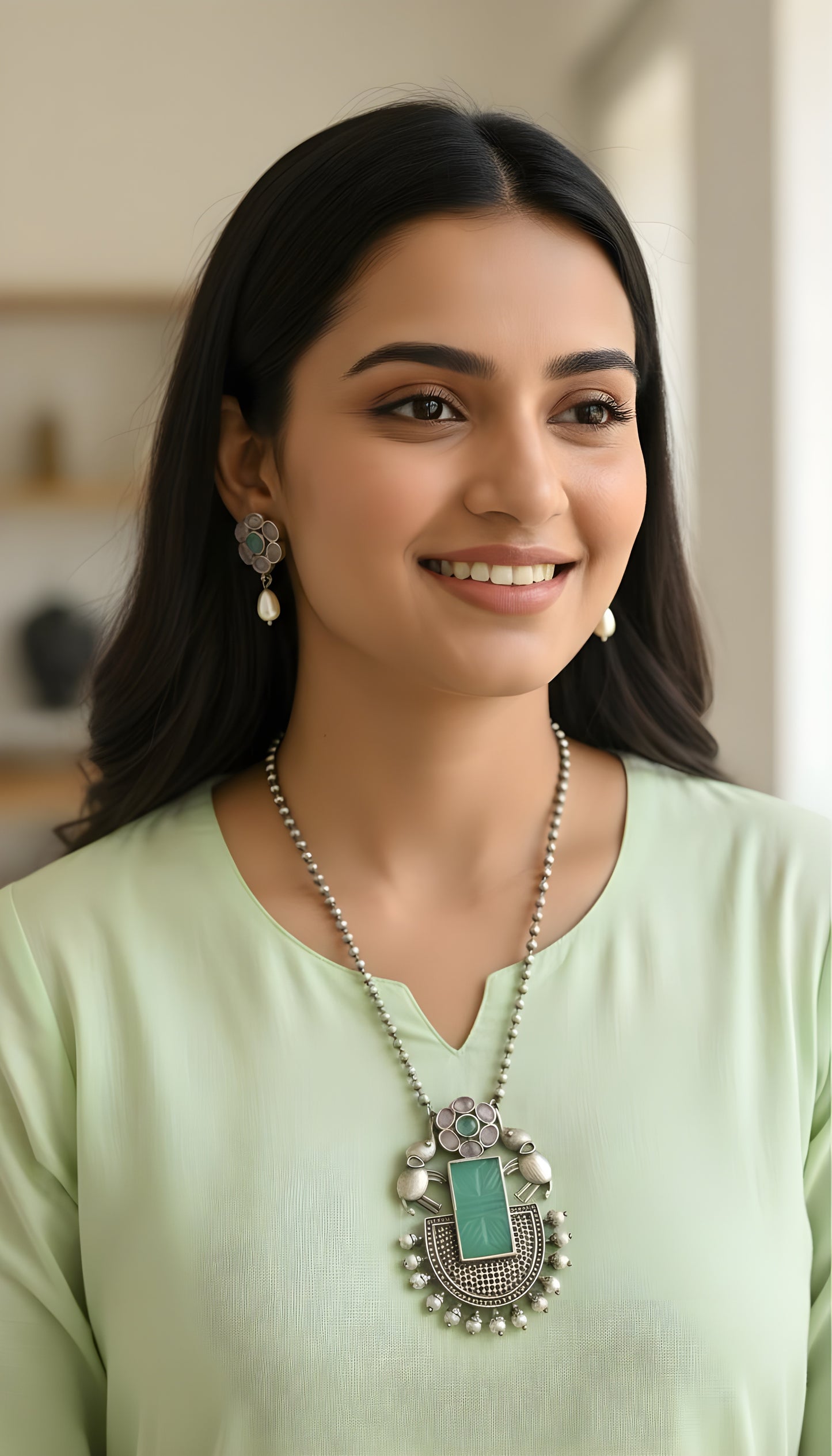 Silver Replica Bahubali Necklace - Sea Green