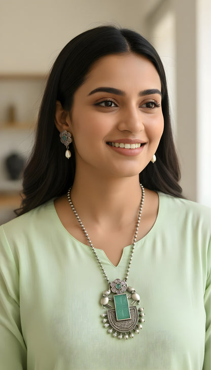 Silver Replica Bahubali Necklace - Sea Green