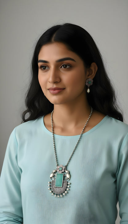 Silver Replica Bahubali Necklace - Sea Green