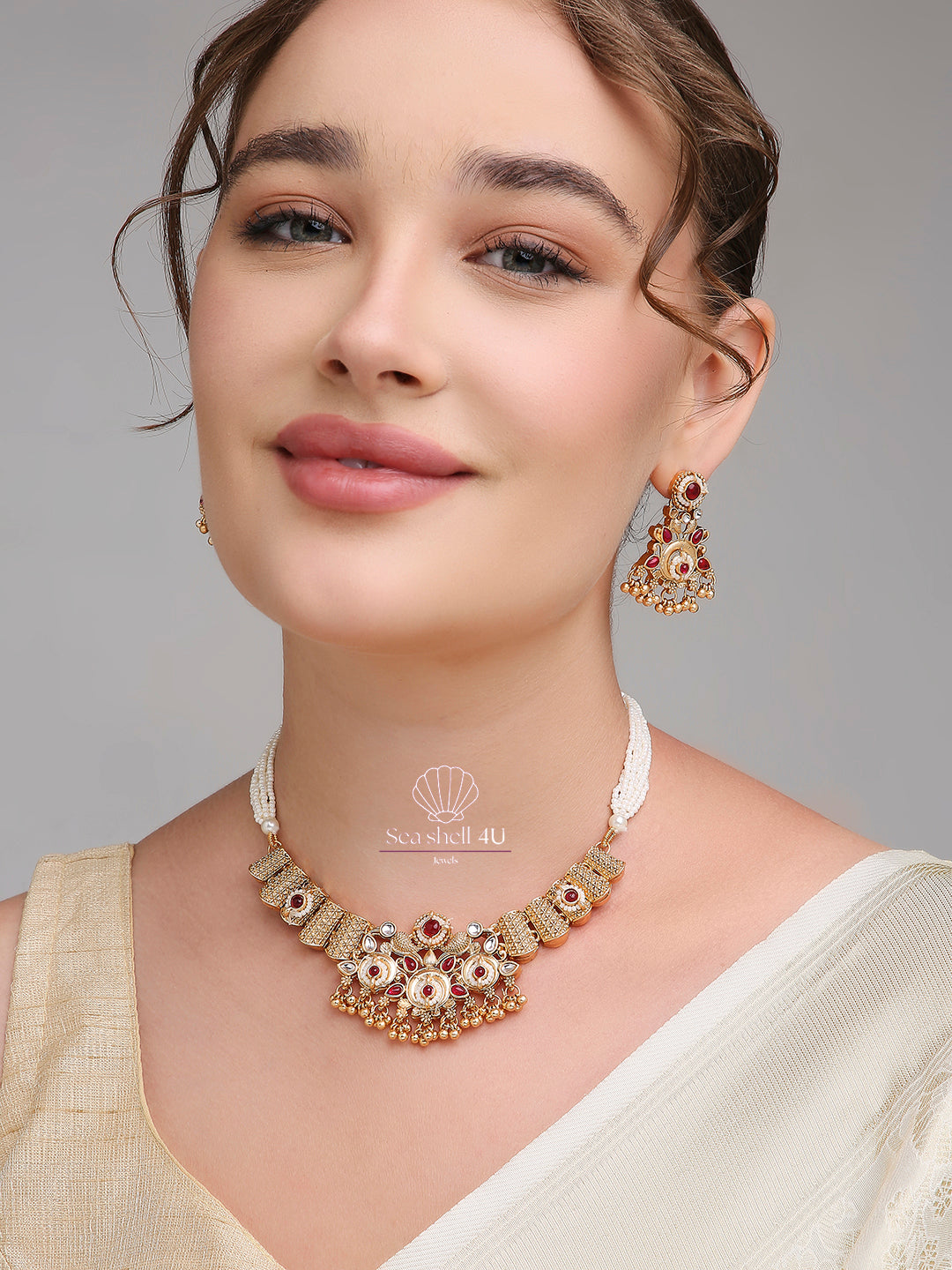 Antique Gold Brass Premium Necklace for Women | Front View | SeaShell4U Jewels