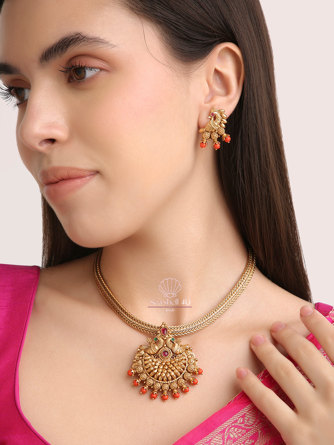 Regal Peacock-Inspired Necklace Set | Front Design | SeaShell4U Jewels