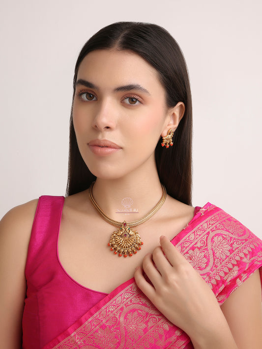 Vintage Peacock Temple Necklace Set | Front View | SeaShell4U Jewels