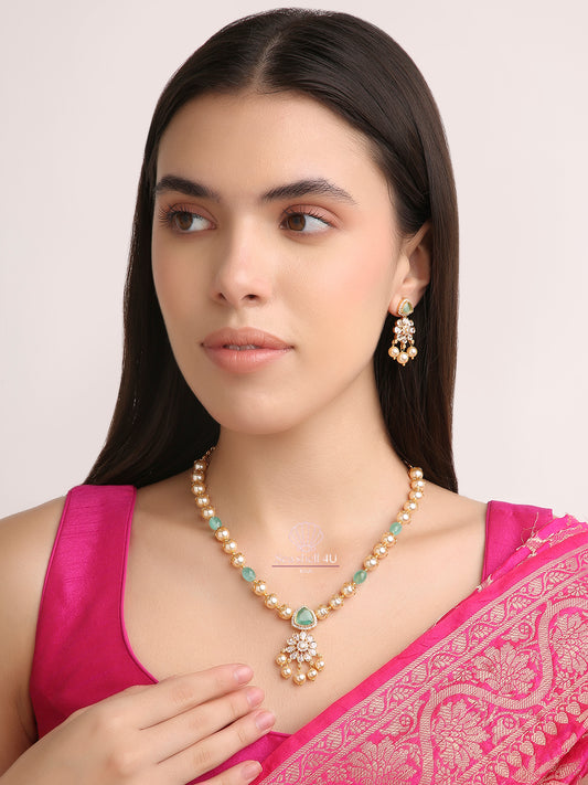 Aqua Pearl Bloom Gold-Toned Necklace & Earring Set | Front View | SeaShell4U Jewels