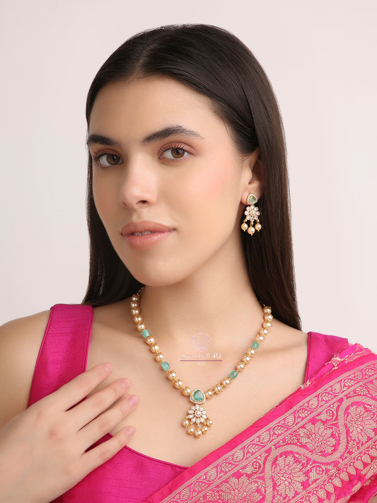 Elegant Aqua Pearl Bloom Gold Necklace & Earring Set | Front Design | SeaShell4U Jewels