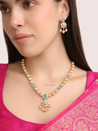 Ocean Pearl Bloom Gold-Tone Necklace & Earring Set | Front Design | SeaShell4U Jewels