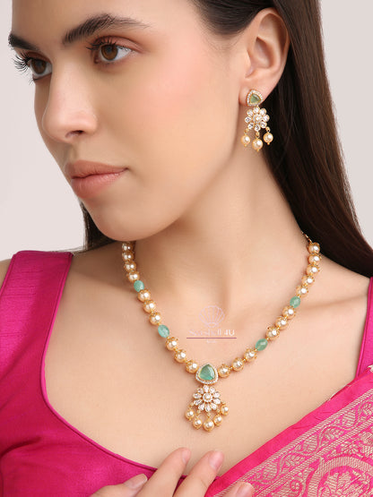 Premium Aqua Pearl Bloom Gold-Toned Jewellery Set | Front View | SeaShell4U Jewels