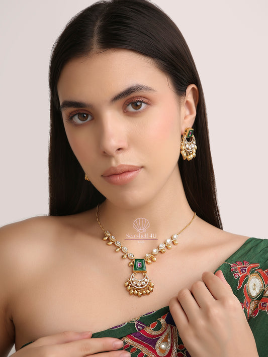 Classic Emerald Grace Gold-Plated Necklace Set | Front View | SeaShell4U Jewels