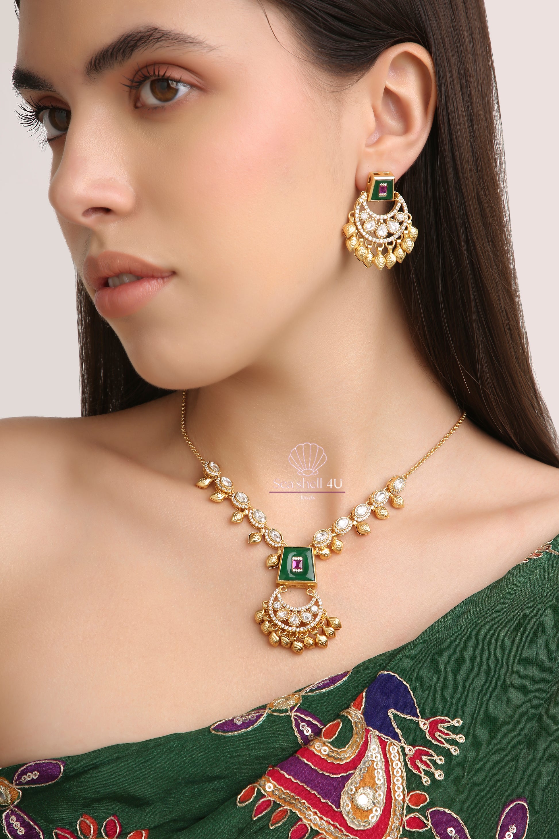 Royal Emerald Gold-Plated Necklace Set | Front View | SeaShell4U Jewels