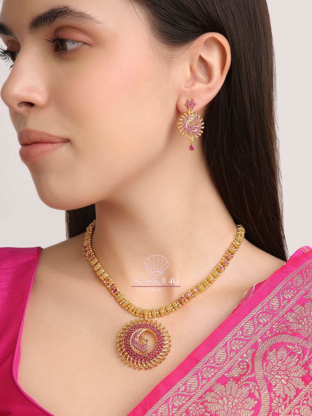 Gold-Plated Peacock Necklace with AD Stone Studded Pendant | Front View | SeaShell4U Jewels