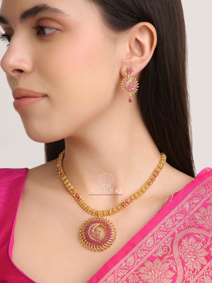 Gold-Plated Peacock Necklace with AD Stone Studded Pendant | Front View | SeaShell4U Jewels