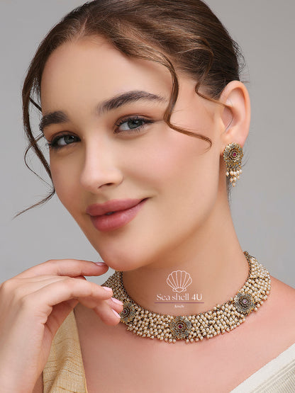 Classic Golden Brass Elegant Necklace Set | Front Design | SeaShell4U Jewels
