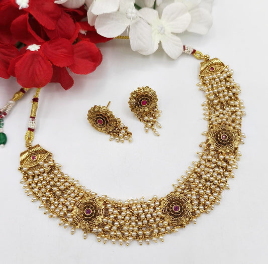 Golden Brass Premium Necklace Set for Women | Front View | SeaShell4U Jewels