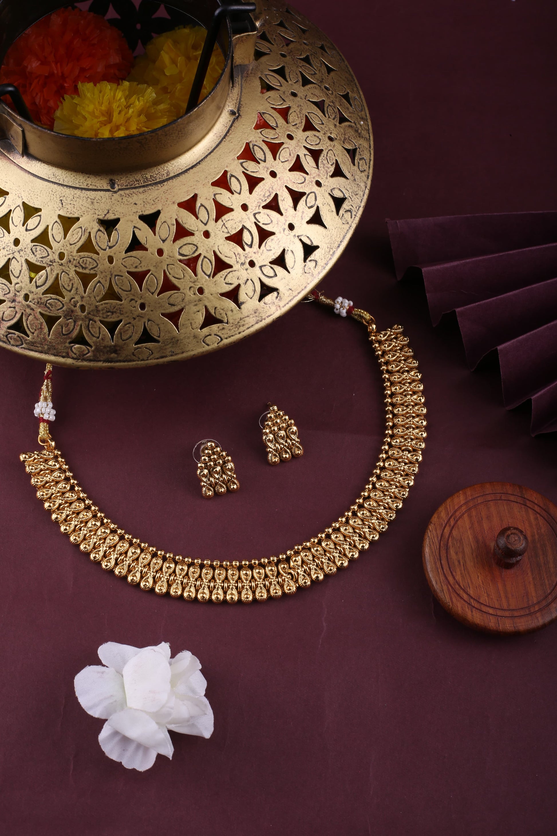 Premium Royal Gold Brass Elegance Necklace Set | Front View | SeaShell4U Jewels