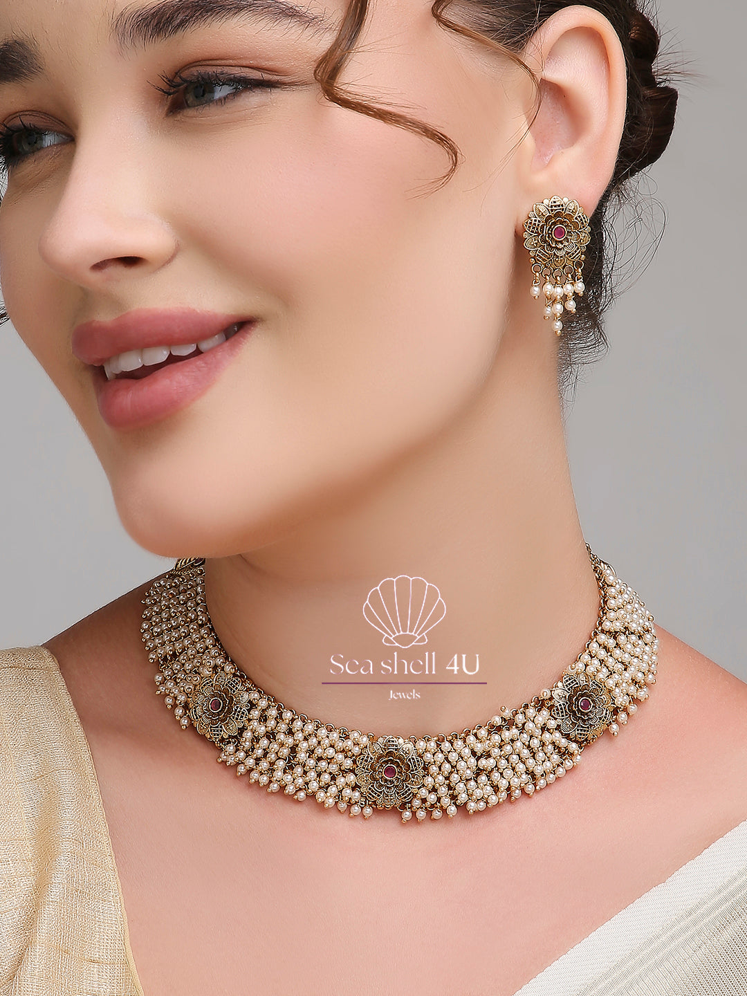Regal Royal Glow Golden Brass Necklace | Front View | SeaShell4U Jewels
