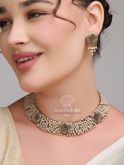 Regal Royal Glow Golden Brass Necklace | Front View | SeaShell4U Jewels