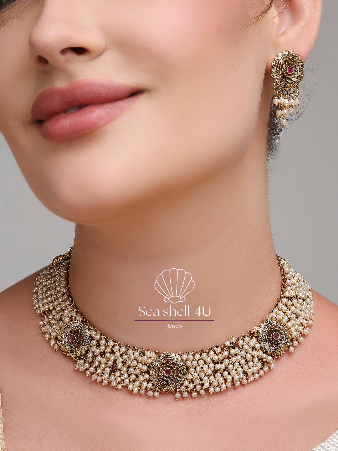 Royal Glow Premium Golden Brass Necklace | Front Design | SeaShell4U Jewels