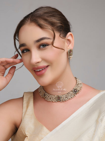 Royal Glow Golden Brass Necklace for Women | Front View | SeaShell4U Jewels