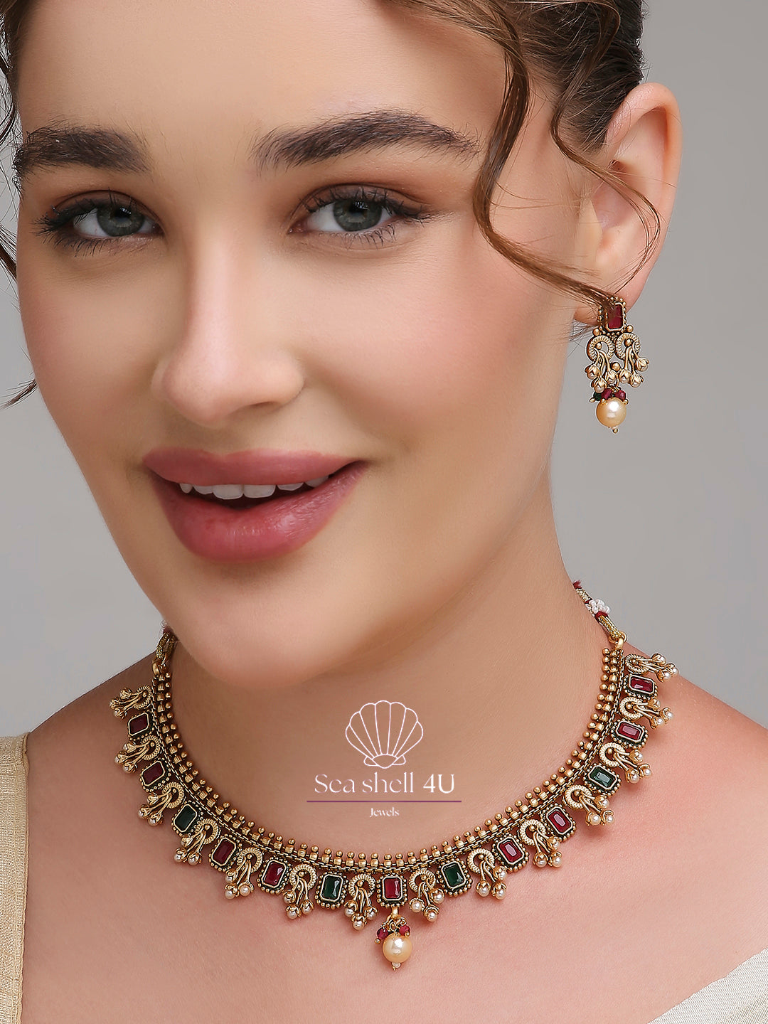 Timeless Antique Gold Brass Heritage Necklace for Women | Front View | SeaShell4U Jewels