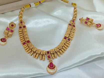 Classic Gold Brass Statement Necklace Set for Women | Front View | SeaShell4U Jewels