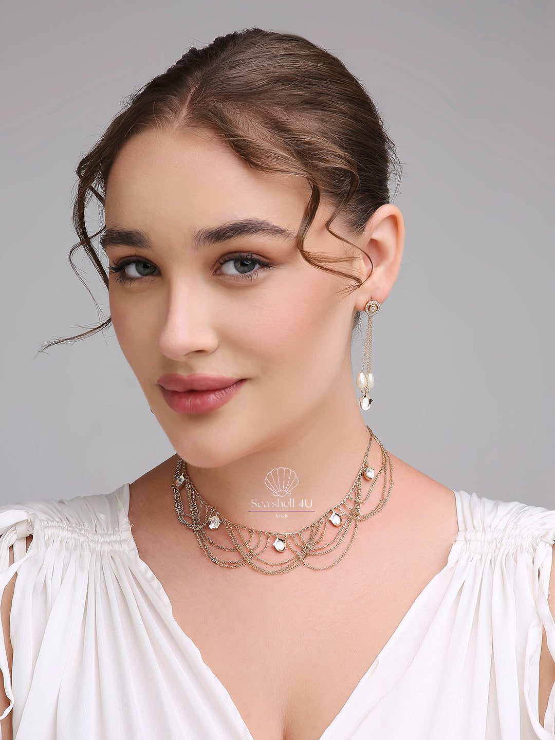 Classic Golden Brass Statement Necklace for Women | Front View | SeaShell4U Jewels