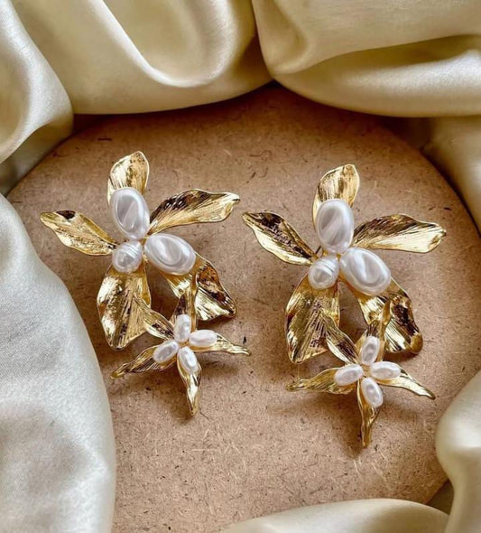 Classic Gold Brass Pearl Statement Earrings for Women | Front View | SeaShell4U Jewels