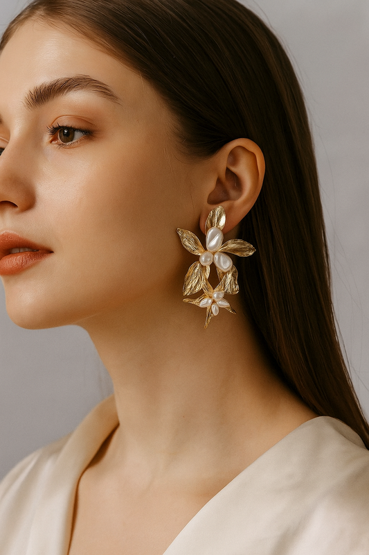 Premium Gold Brass Pearl Jewellery Earrings | Front View | SeaShell4U Jewels