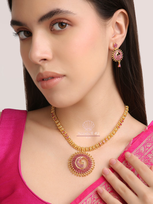 Micro Gold Plated Peacock Motif Necklace with AD Pendant | Front View | SeaShell4U Jewels