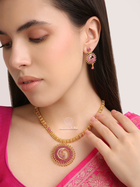 Peacock Motif Micro Gold Plated Necklace with American Diamond Pendant | Front Design | SeaShell4U Jewels