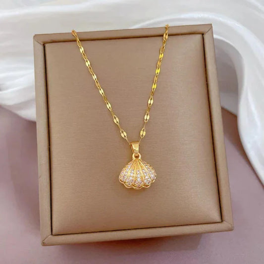 Korean Stainless Steel Diamond Shell Pearl Necklace Trendy Fashion Jewelry Set Fade-Proof Waterproof for Wedding Party Gifts