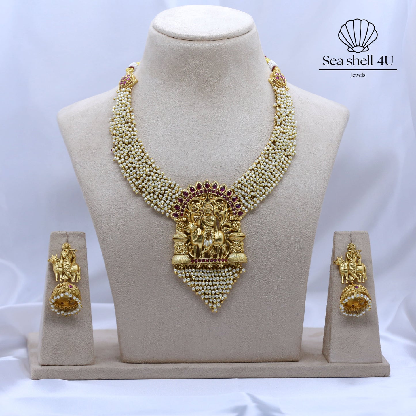 Elegant Golden Brass Necklace Set | Front Design | SeaShell4U Jewels