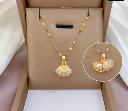 Korean Stainless Steel Diamond Shell Pearl Necklace Trendy Fashion Jewelry Set Fade-Proof Waterproof for Wedding Party Gifts