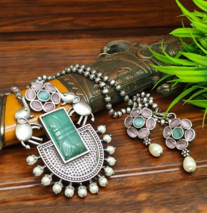 Silver Replica Bahubali Necklace - Sea Green