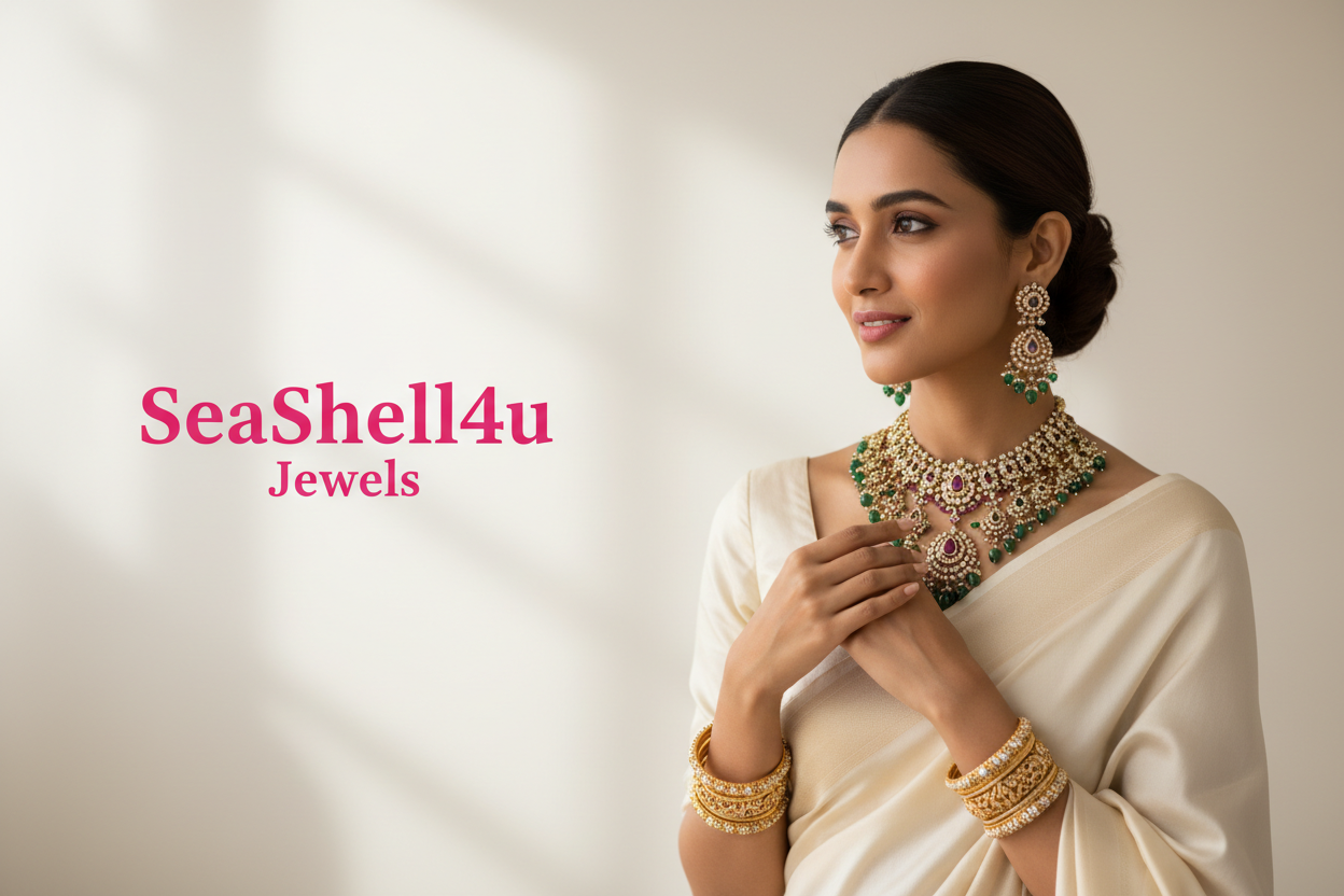 Create a minimal, elegant website banner image featuring one beautiful Indian woman wearing premium traditional Indian jewelry. She should be facing slightly to the left and looking towards the left side of the image where the seashell4u is written. On the left side, display the brand name ‘SeaShell4u Jewels’ in a stylish, modern font in hot pink color. Use a soft, neutral background. Do not add any other text, objects, patterns, logos, or elements