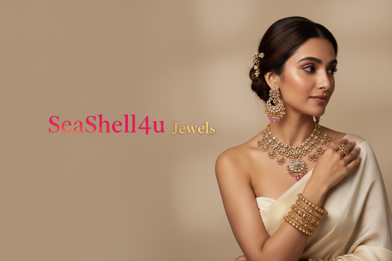 Create a minimal, elegant website banner image featuring one beautiful Indian woman wearing premium traditional Indian jewelry. She should be facing slightly to the right and looking towards the left side of the image. On the left side, display the brand name ‘SeaShell4u Jewels’ in a stylish, modern font in hot pink, Golden color. Use a soft, neutral background. Do not add any other text.