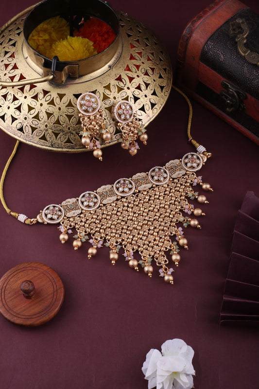 Gold Brass Premium & Elegant Necklace Set For Women